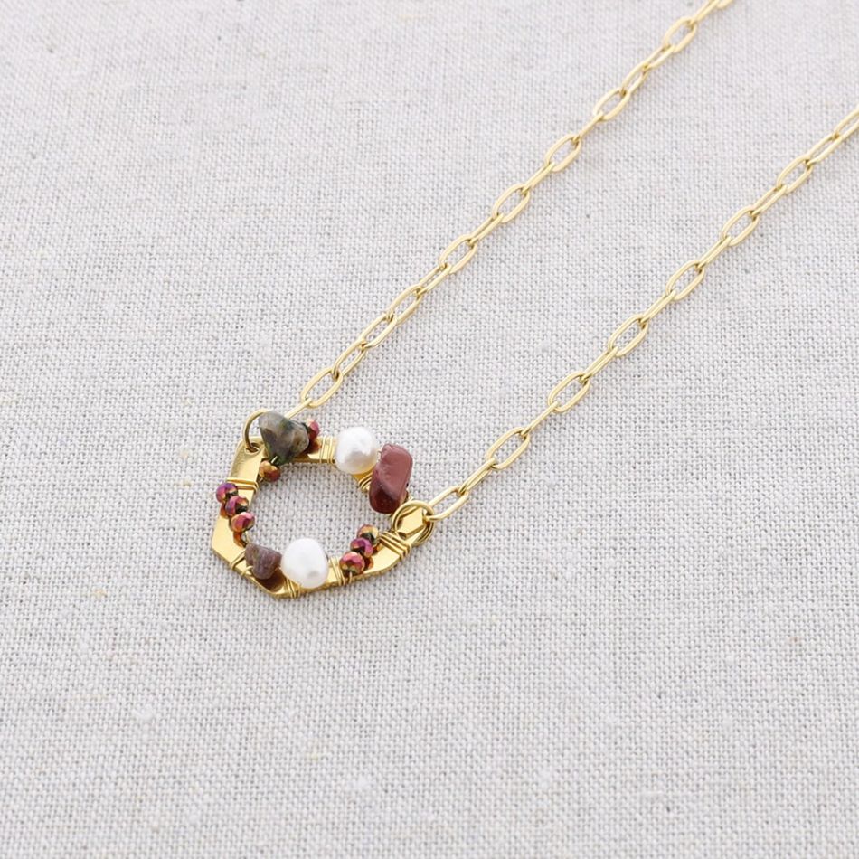 STONE RING PENDANT STEEL SHORT NECKLACE