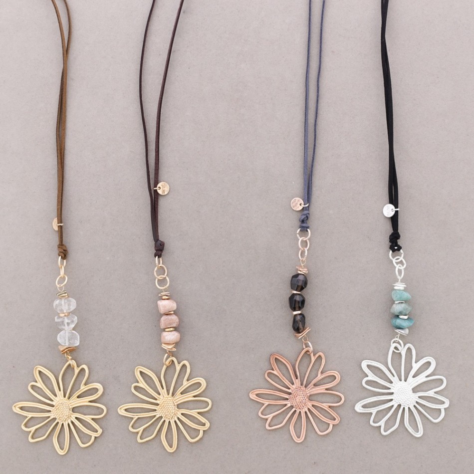 LONG METAL FLOWER STONE PENDANT NECKLACE