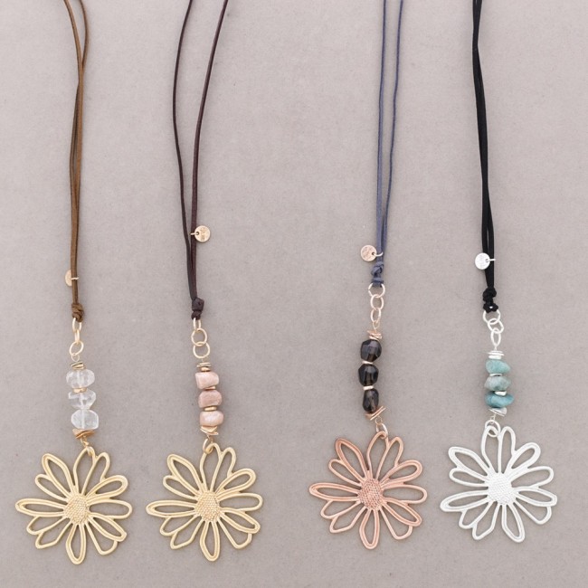 LONG METAL FLOWER STONE PENDANT NECKLACE