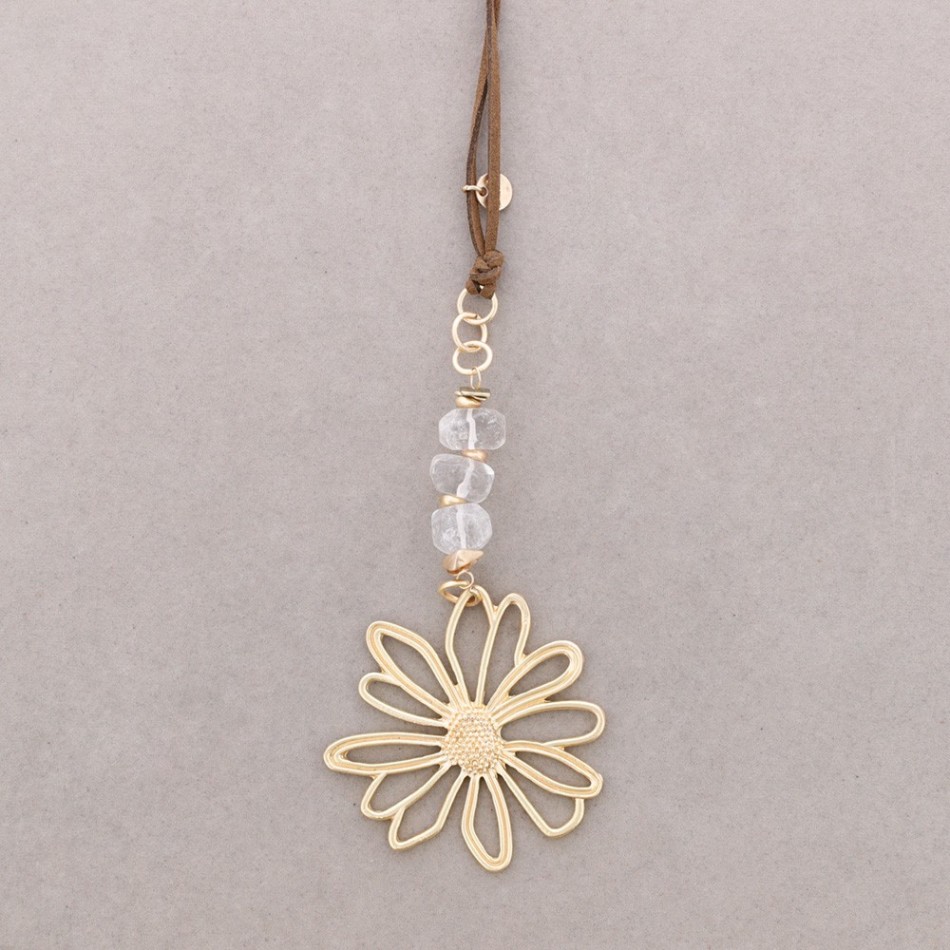 LONG METAL FLOWER STONE PENDANT NECKLACE