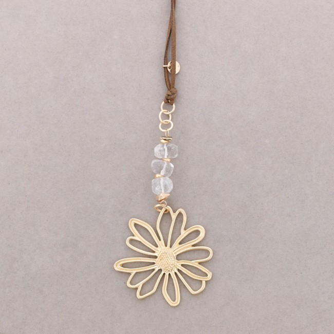LONG METAL FLOWER STONE PENDANT NECKLACE