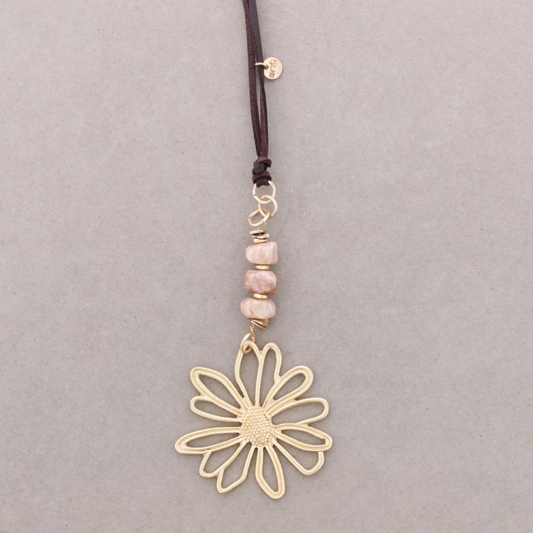 LONG METAL FLOWER STONE PENDANT NECKLACE