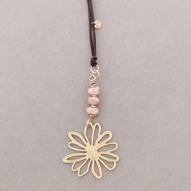 LONG METAL FLOWER STONE PENDANT NECKLACE