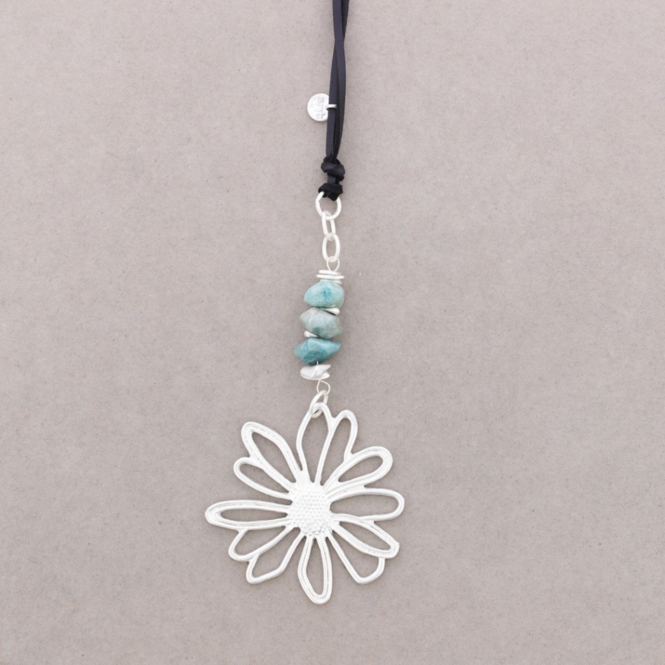 LONG METAL FLOWER STONE PENDANT NECKLACE