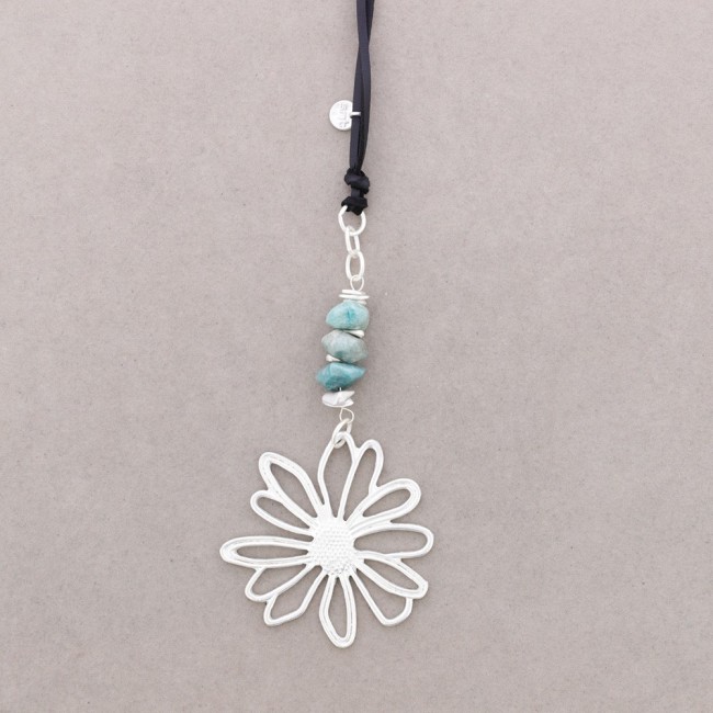LONG METAL FLOWER STONE PENDANT NECKLACE