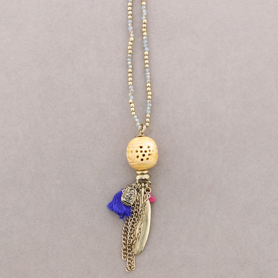 LONG NECKLACE WITH STONES AND BONE PENDANTS