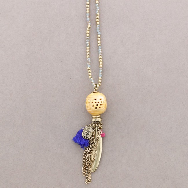 LONG NECKLACE WITH STONES AND BONE PENDANTS