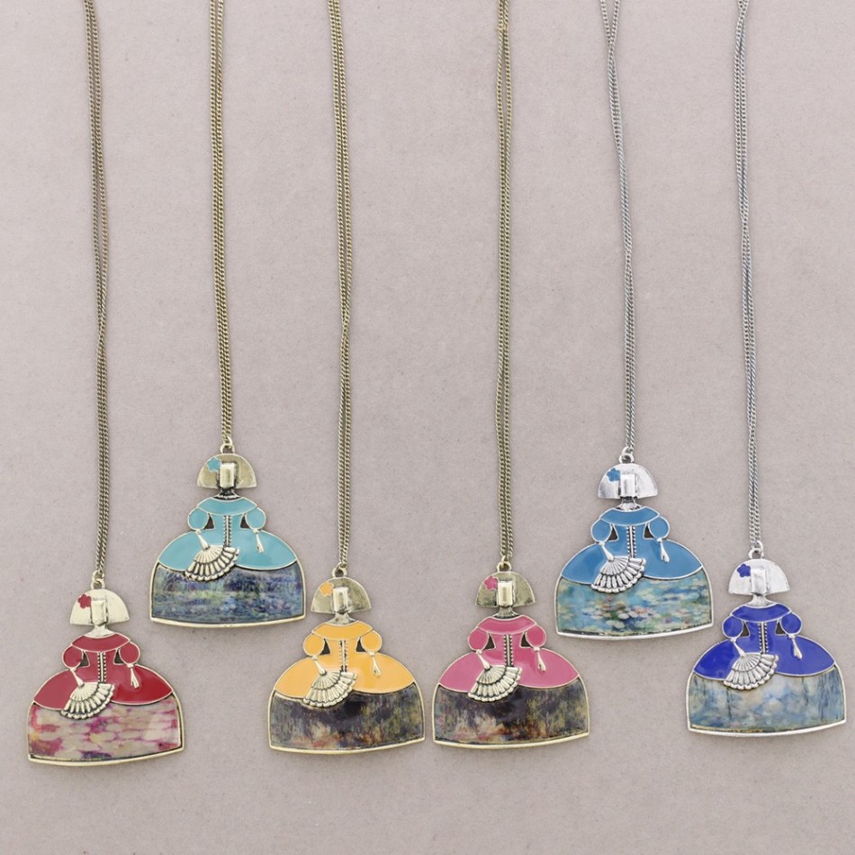 LONG ENAMEL METAL PENDANT NECKLACE