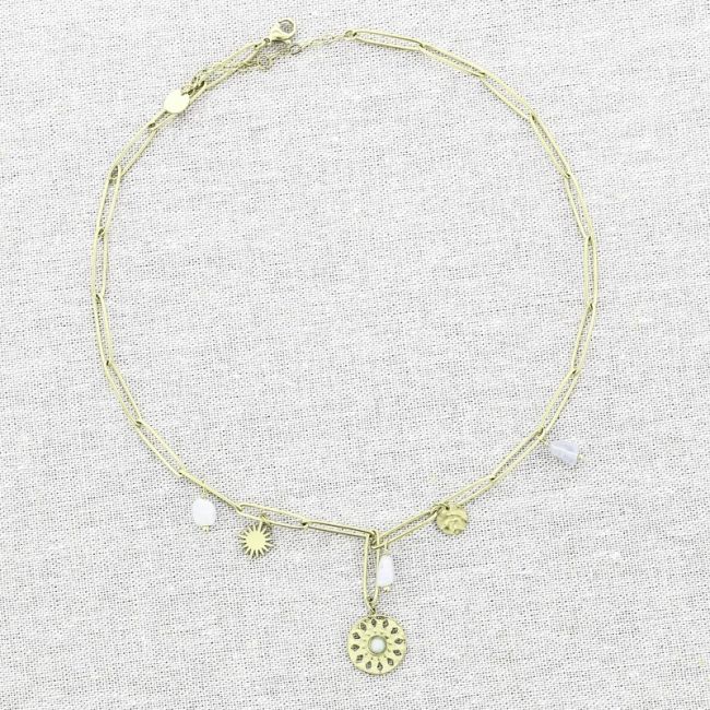 STEEL SHORT NECKLACE WITH SUN STONE PENDANTS