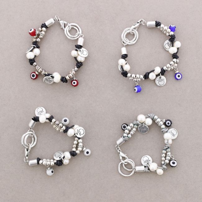 LEATHER BRACELET WITH METAL BEADS AND CULTURED PEARLS