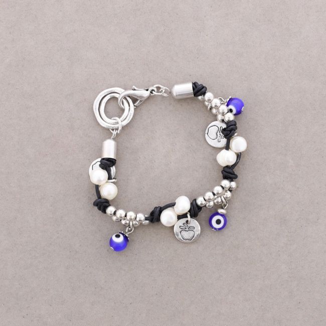 LEATHER BRACELET WITH METAL BEADS AND CULTURED PEARLS