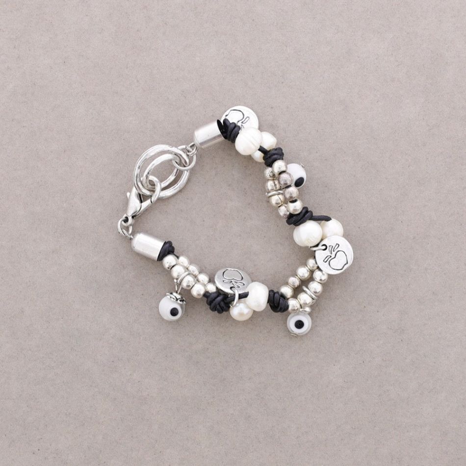 LEATHER BRACELET WITH METAL BEADS AND CULTURED PEARLS
