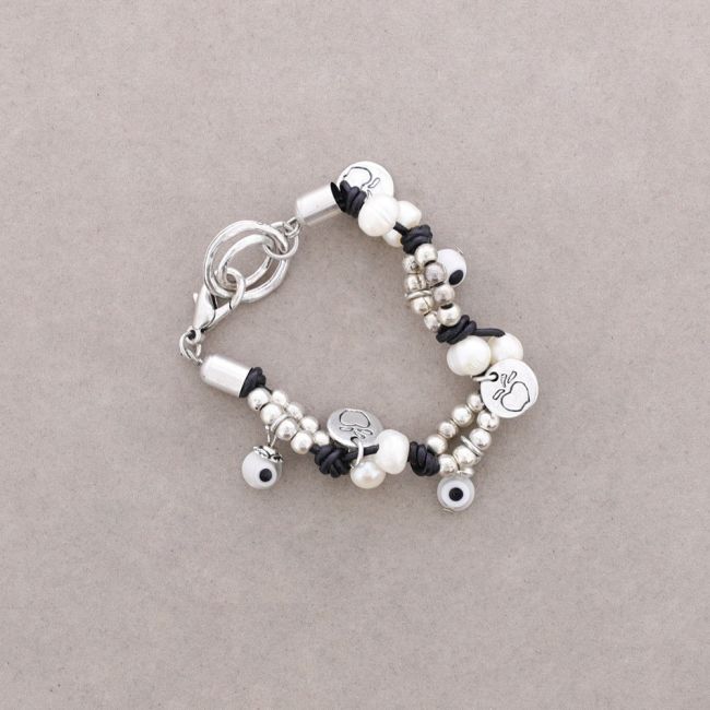 LEATHER BRACELET WITH METAL BEADS AND CULTURED PEARLS