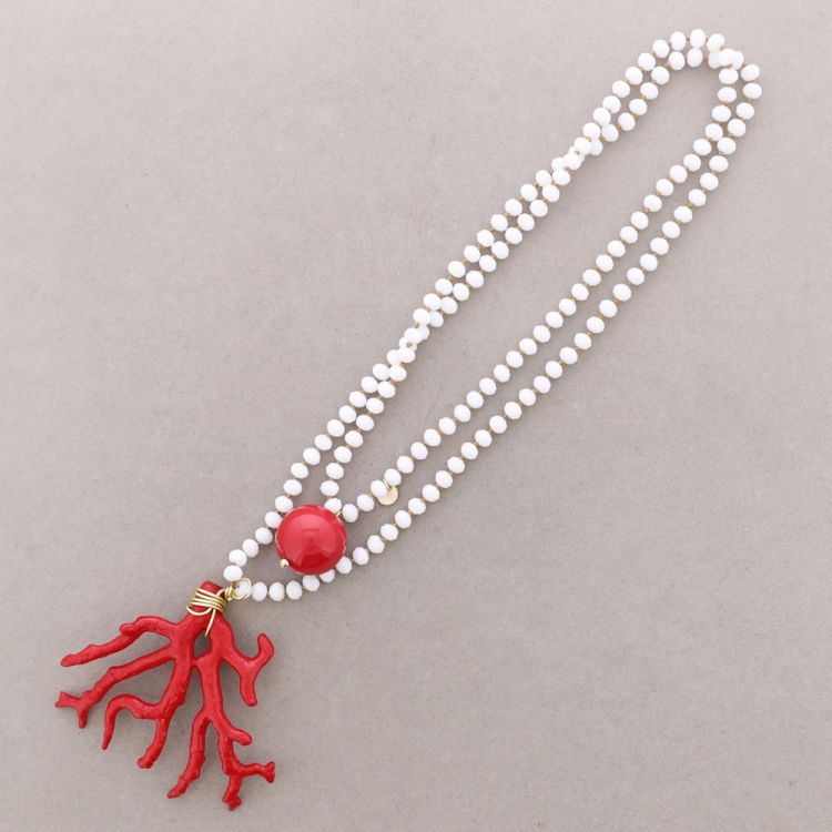 COLLAR LARGO CUENTAS CRISTALES FACETADOS COLGANTE CORAL RESINA 8MM 120CM
