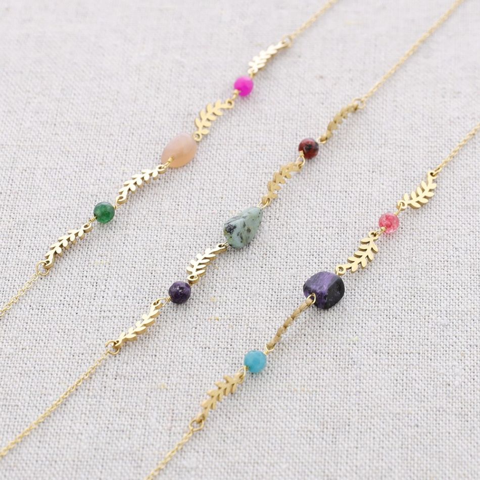 STEEL SHORT NECKLACE STONES LEAVES