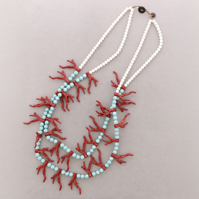 LONG DOUBLE CORAL RESIN BALL NECKLACE