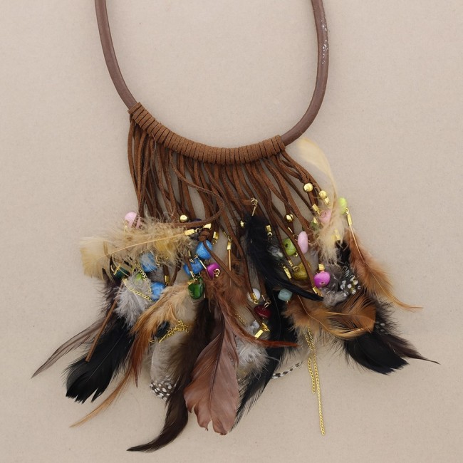 NECKLACE WITH BEADS AND FEATHERS