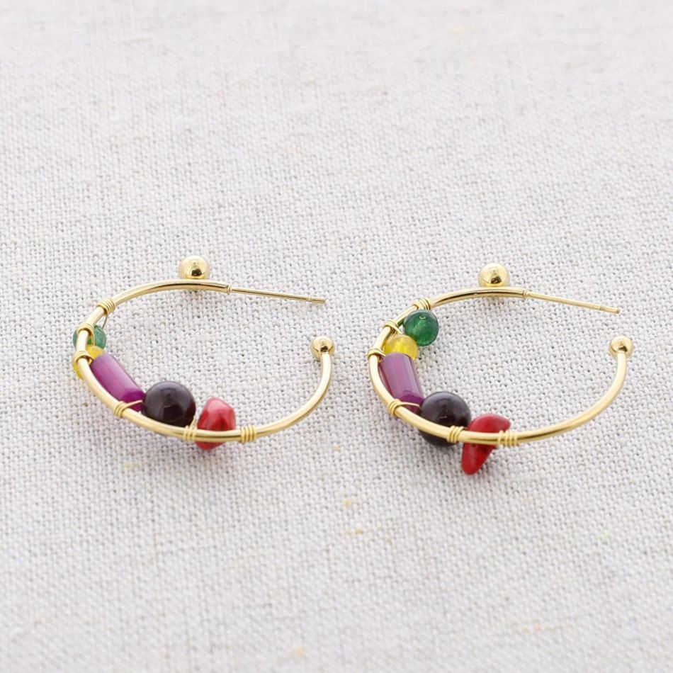 STONE HOOP STEEL EARRINGS