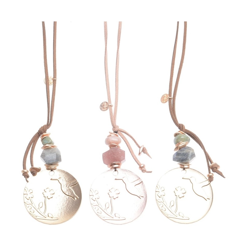 LONG NECKLACE WITH STONE PENDANT AND METAL MEDALLION