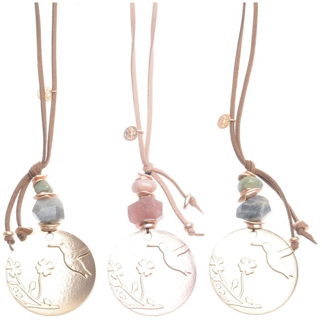 LONG NECKLACE WITH STONE PENDANT AND METAL MEDALLION