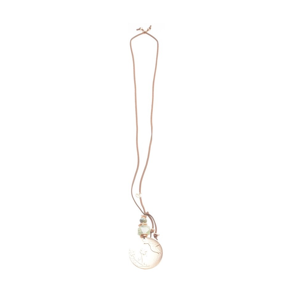 LONG NECKLACE WITH STONE PENDANT AND METAL MEDALLION