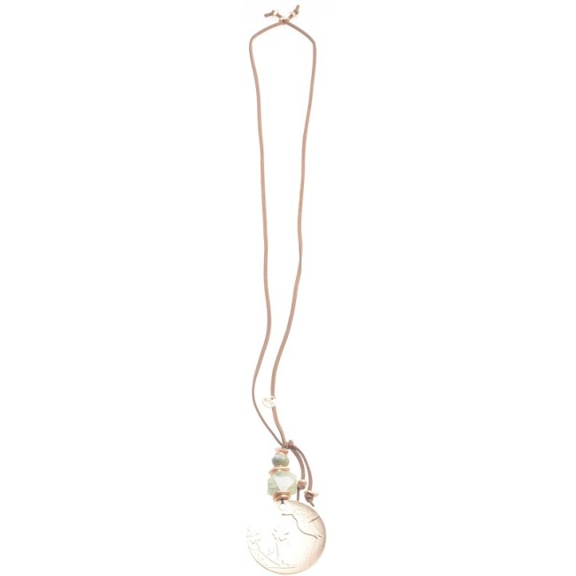 LONG NECKLACE WITH STONE PENDANT AND METAL MEDALLION