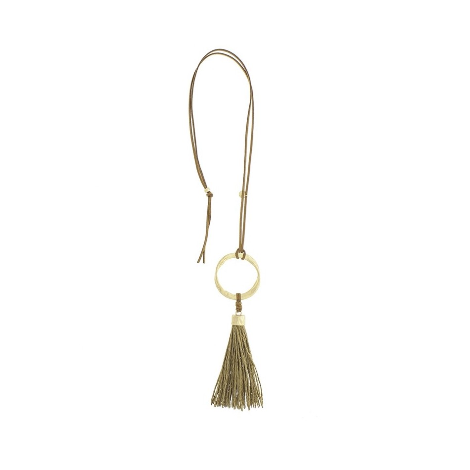 COLLAR LARGO COLGANTE ANILLA METAL FLECO RAFIA