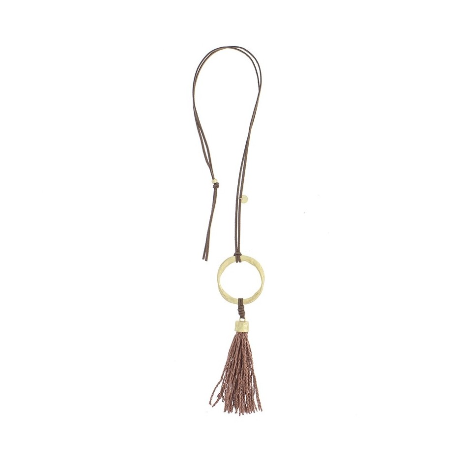 COLLAR LARGO COLGANTE ANILLA METAL FLECO RAFIA