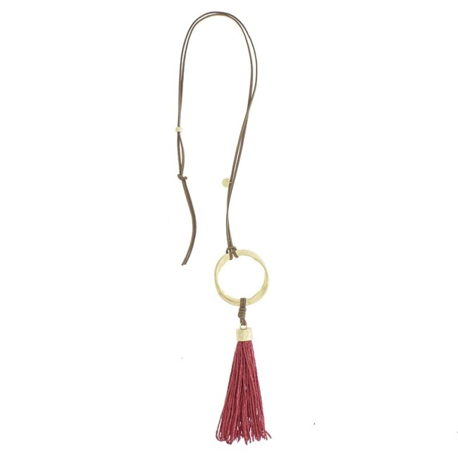COLLAR LARGO COLGANTE ANILLA METAL FLECO RAFIA
