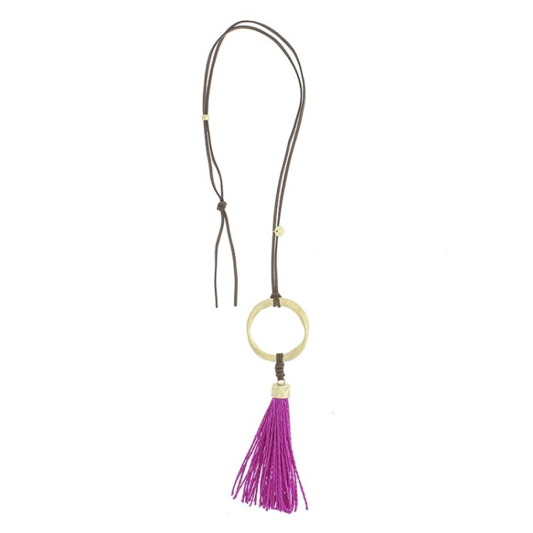 COLLAR LARGO COLGANTE ANILLA METAL FLECO RAFIA