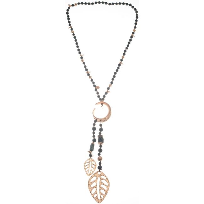 COLLAR LARGO CUENTAS LAVAS COLGANTE DOBLE HOJA METAL