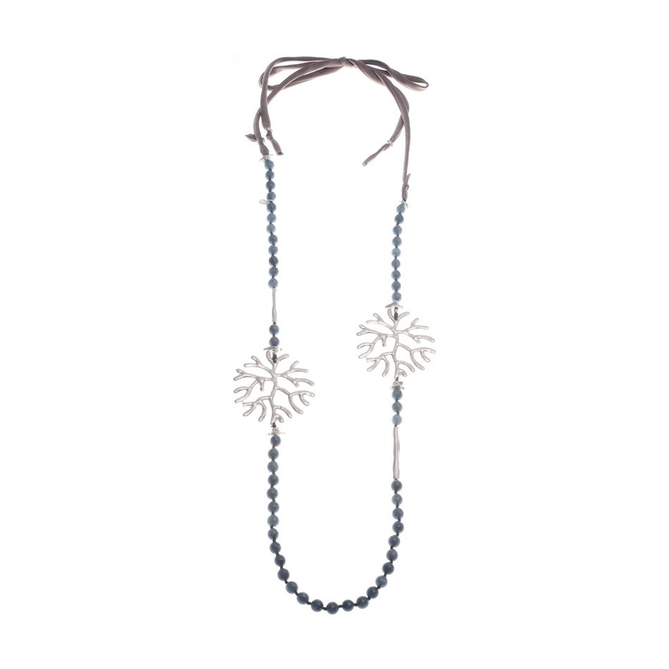 LONG DOUBLE CORAL METAL STONE NECKLACE