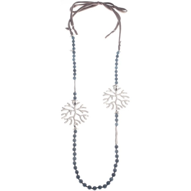 LONG DOUBLE CORAL METAL STONE NECKLACE
