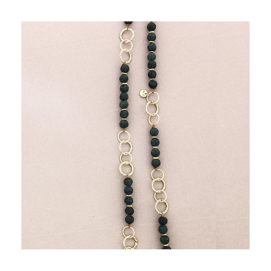 COLLAR LARGO CUENTAS LAVAS ANILLAS METAL