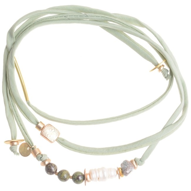 COLLAR LARGO TELA PIEDRAS METALES IRREGULARES