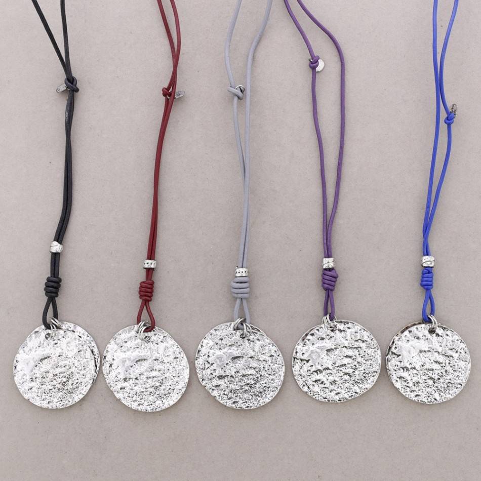 LONG LEATHER NECKLACE METAL PENDANT