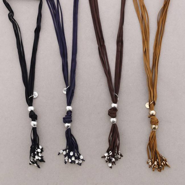 LONG SUEDE NECKLACE WITH METAL BEADS