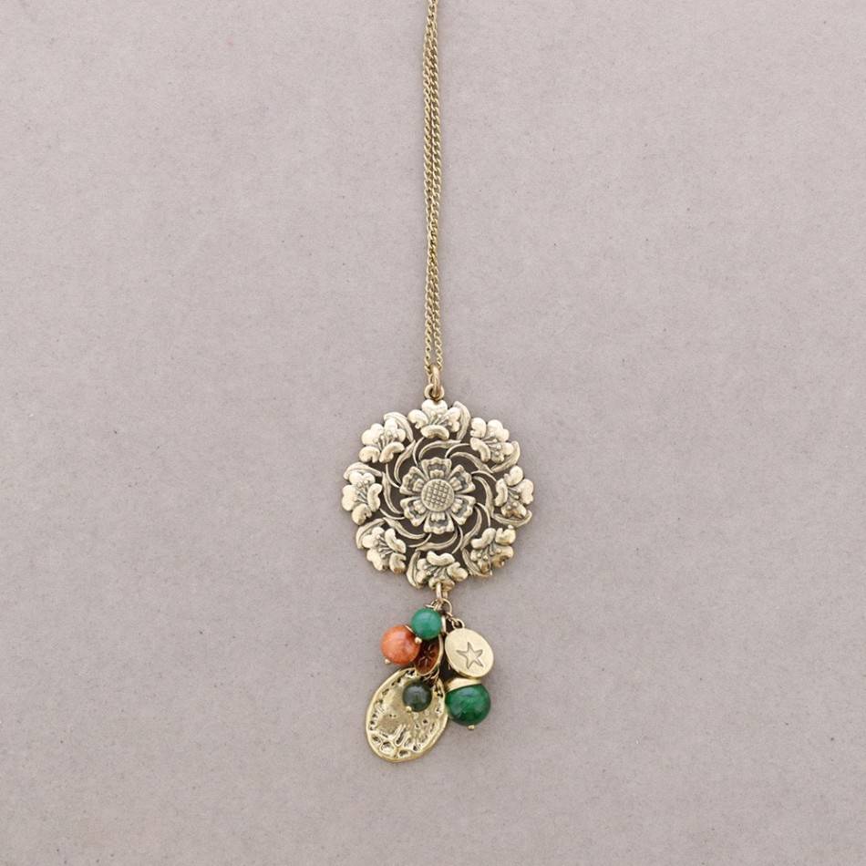 LONG NECKLACE METAL STONE BEADS