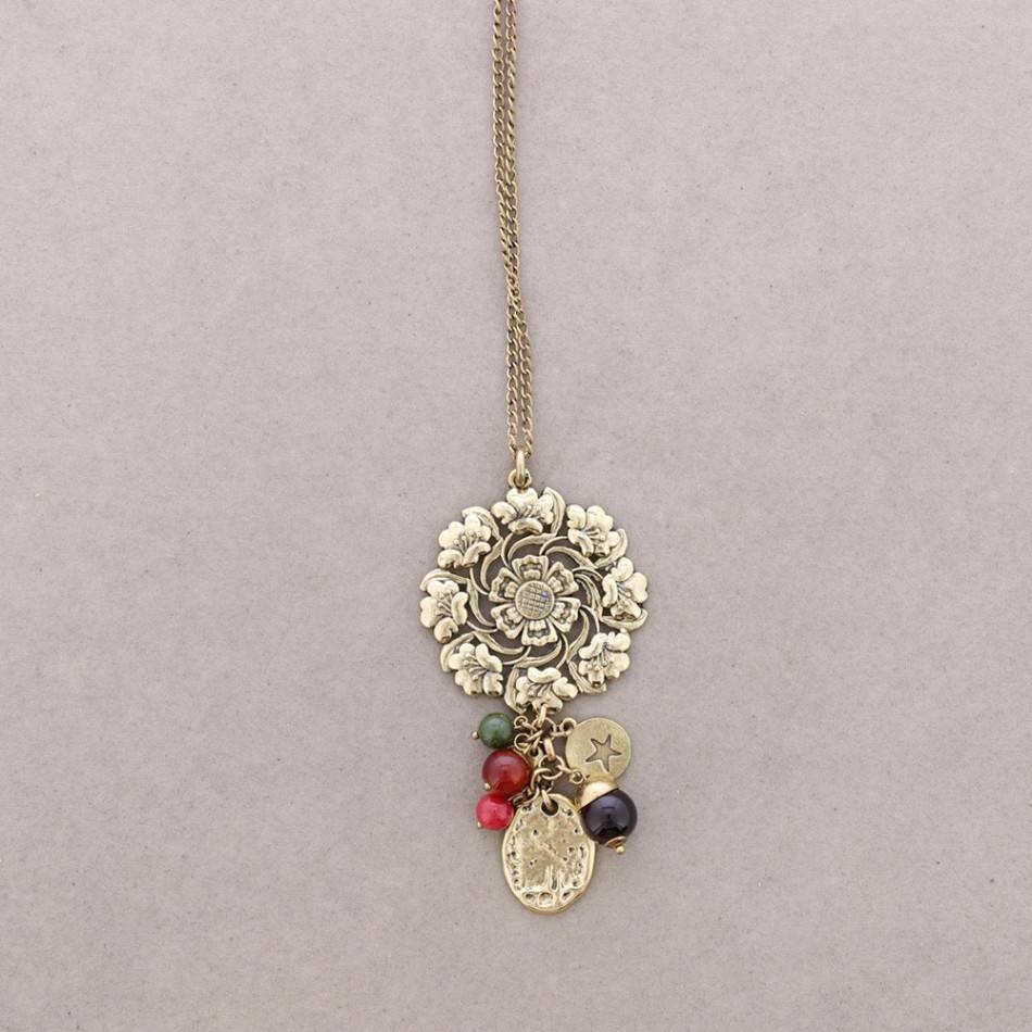 LONG NECKLACE METAL STONE BEADS