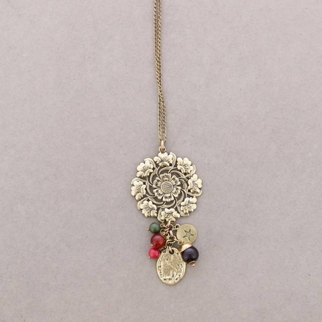 LONG NECKLACE METAL STONE BEADS