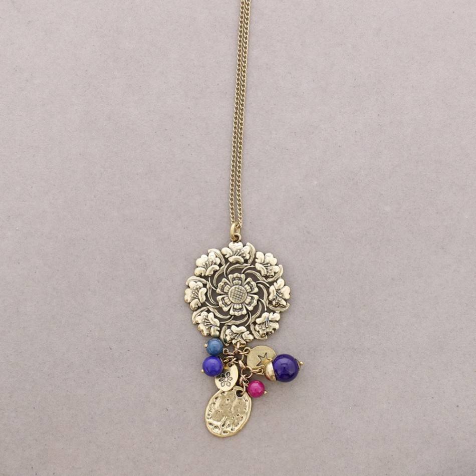 LONG NECKLACE METAL STONE BEADS