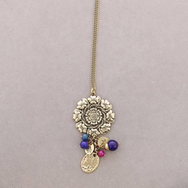 LONG NECKLACE METAL STONE BEADS