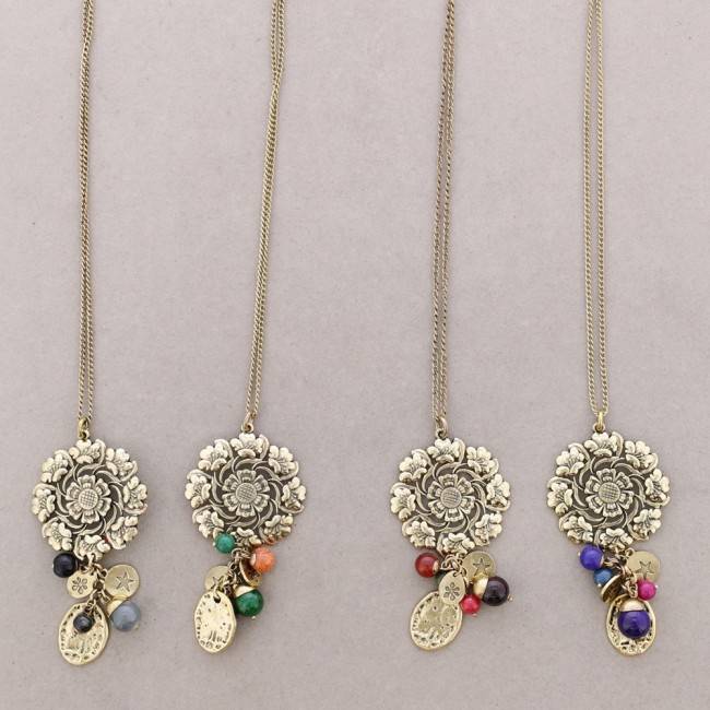 LONG NECKLACE METAL STONE BEADS