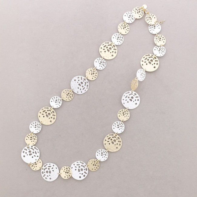 LONG NECKLACE WITH BEADED MEDALS AND METAL FILIGREE
