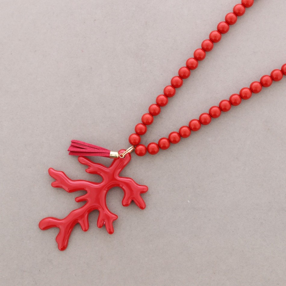 LONG CORAL NECKLACE WITH RESIN PENDANT
