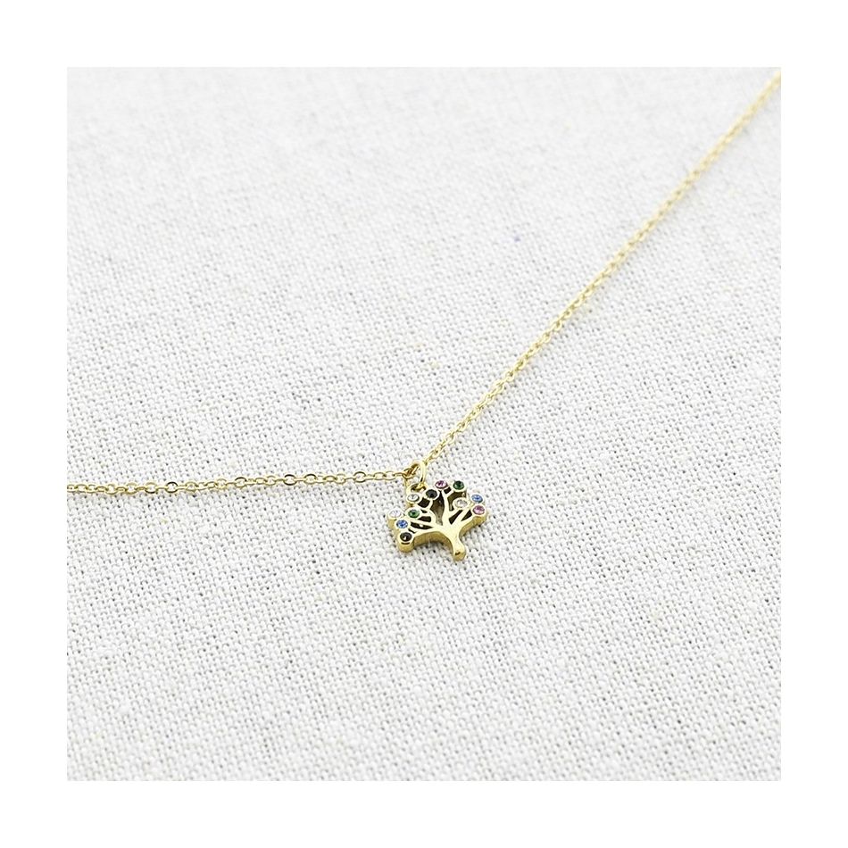 STEEL NECKLACE WITH RHINESTONE TREE PENDANT