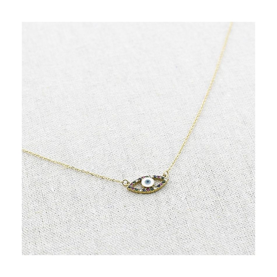 STEEL NECKLACE WITH TURKISH EYE AND STONE PENDANT