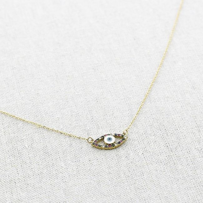 STEEL NECKLACE WITH TURKISH EYE AND STONE PENDANT