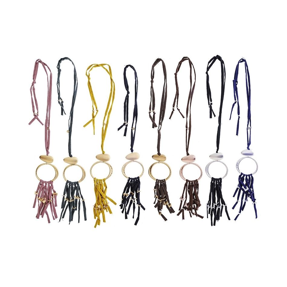 COLLAR LARGO TUBO LAZO COLGANTE ANILLA FLECO