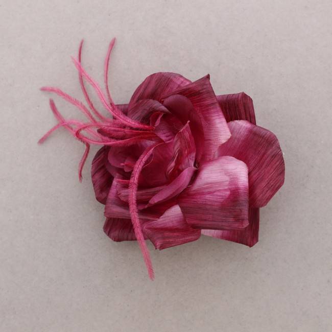 FABRIC FLOWER BROOCH WITH FEATHERS 13CM